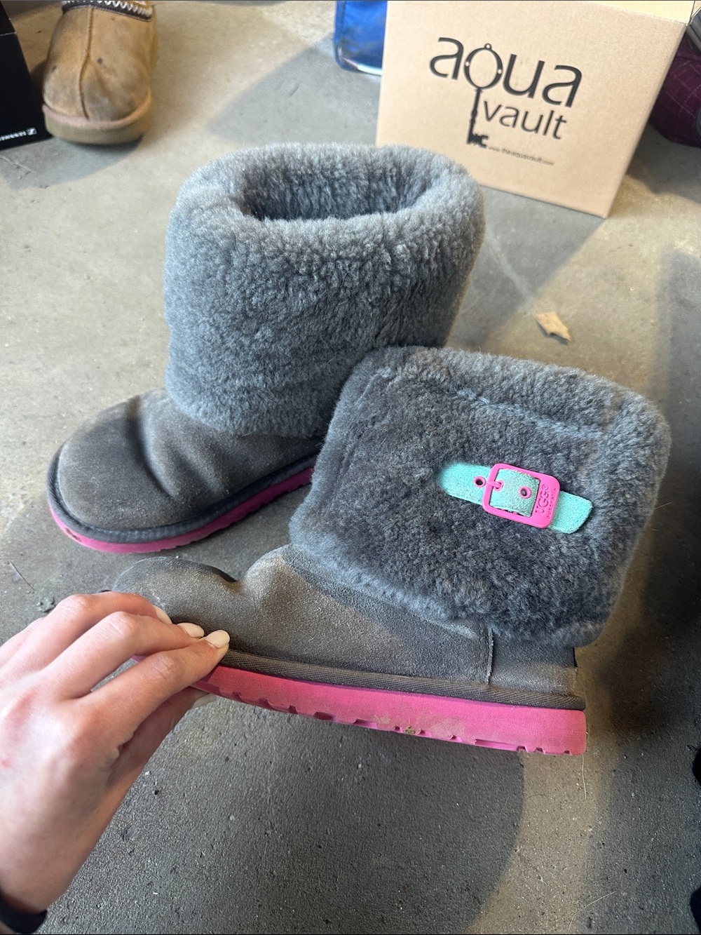 Kids Grey UGG Boots with Pink Trim and Teal Accent